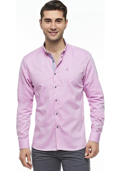 Pamuklu Pembe Uzun Kollu Düğmeli Yaka Slim Fit Gömlek,OT-C-21015