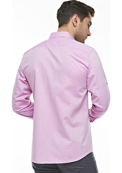 Pamuklu Pembe Uzun Kollu Düğmeli Yaka Slim Fit Gömlek,OT-C-21015