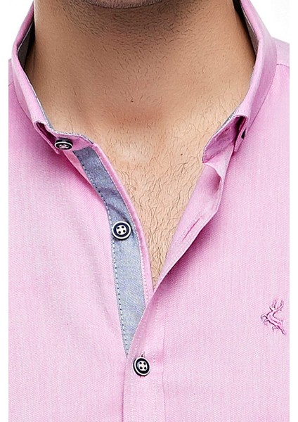 Pamuklu Pembe Uzun Kollu Düğmeli Yaka Slim Fit Gömlek,OT-C-21015