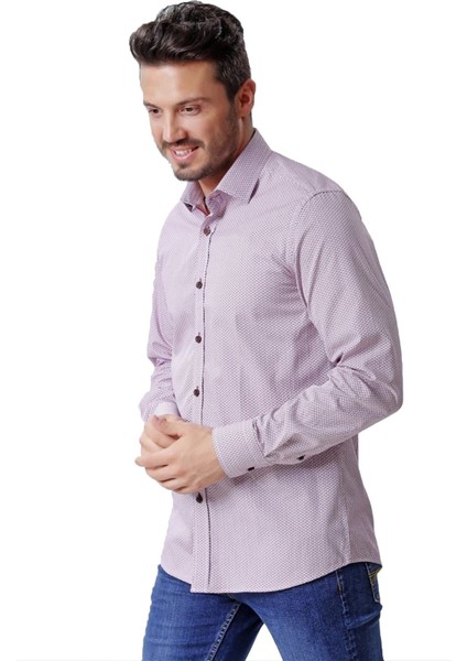 Erkek Desenli Bordo Uzun Kollu Pamuklu Regular Gömlek, OT-C-20044
