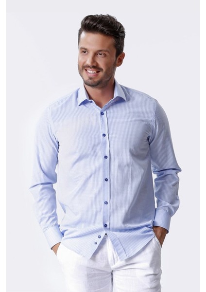 Erkek Mavi Çizgili Uzun Kollu Yarı Slim Gömlek,OT-CP-20131