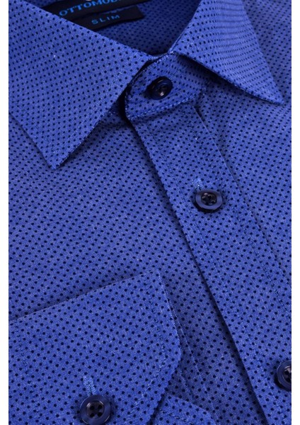 Erkek Mavi-Lacivert Baskılı Uzun Kollu Slim Fit GömlekOT-CP-20035