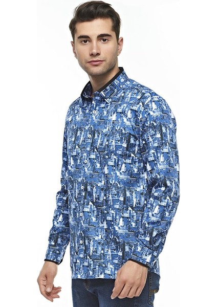 Erkek Desenli Lacivert Uzun Kollu Pamuklu Regular Gömlek, C-20089 fiyatları