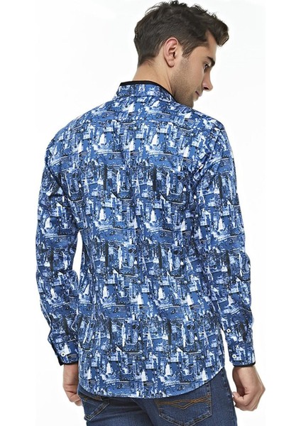 Erkek Desenli Lacivert Uzun Kollu Pamuklu Regular Gömlek, C-20089 modelleri
