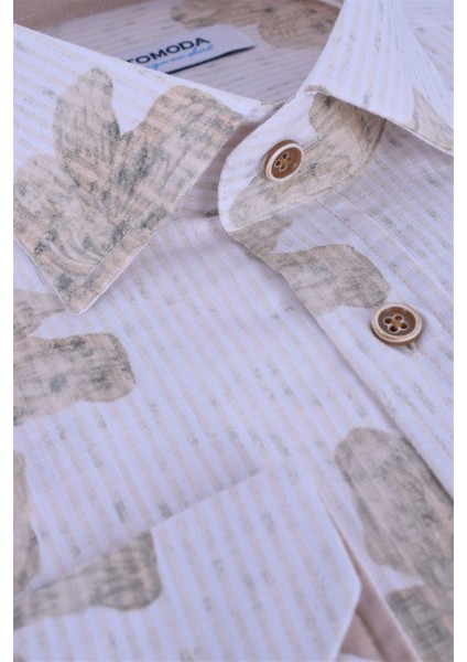 Erkek Bej Keten Desenli Uzun Kollu Yarı Slim Gömlek, OT-C-20022