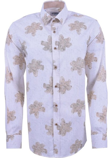 Erkek Bej Keten Desenli Uzun Kollu Yarı Slim Gömlek, OT-C-20022 fırsatları