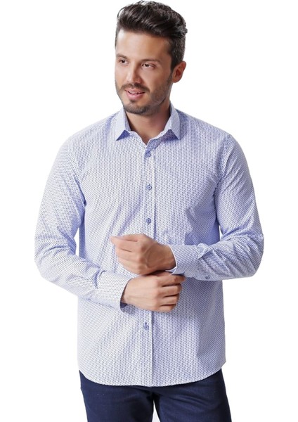 Erkek|Beyaz Lacivert|Desenli|Uzun Kol|Regular|Gömlek|OT-CP-20078
