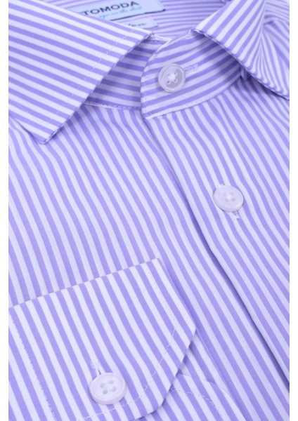 Erkek Çizgili Uzun Kollu Yarı Slim Lila Pamuklu Gömlek,OT-C-20125
