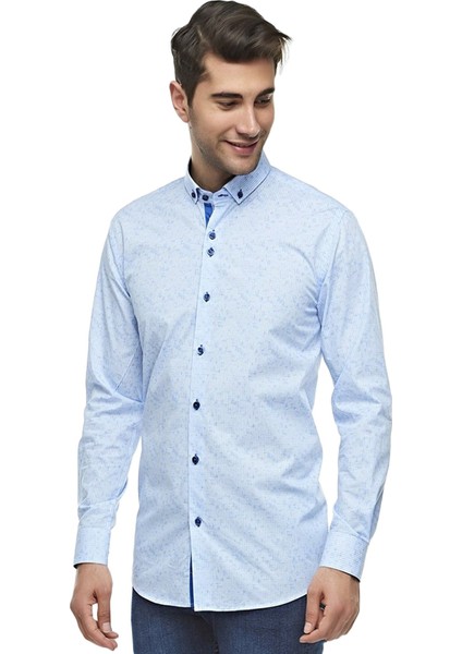 Erkek Mavi Uzun Kollu Pamuklu Regular Düğmeli Yaka Gömlek,C-20047