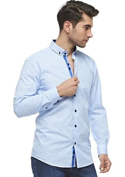 Erkek Mavi Uzun Kollu Pamuklu Regular Düğmeli Yaka Gömlek,C-20047 fiyatları