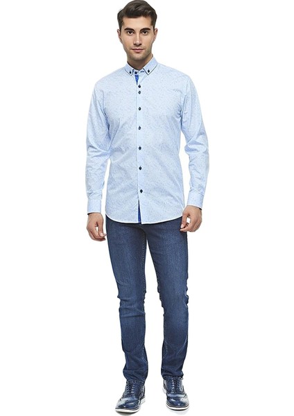 Erkek Mavi Uzun Kollu Pamuklu Regular Düğmeli Yaka Gömlek,C-20047 fırsatları