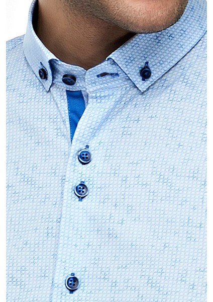 Erkek Mavi Uzun Kollu Pamuklu Regular Düğmeli Yaka Gömlek,C-20047 indirimleri