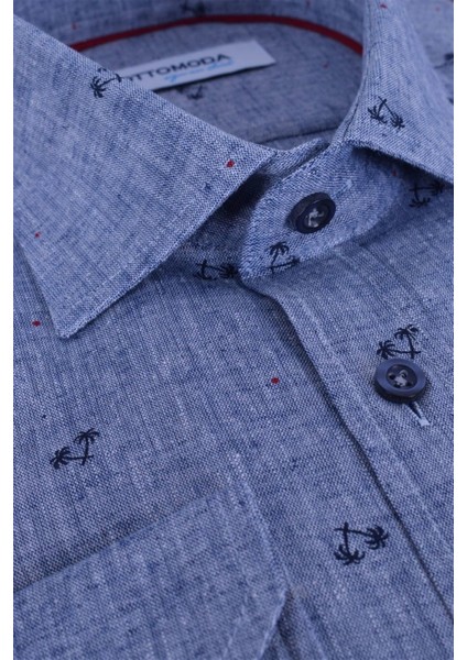 Keten Lacivert Desenli Uzun Kollu Klasik Yaka Gömlek, OT-C-20020 fiyatları