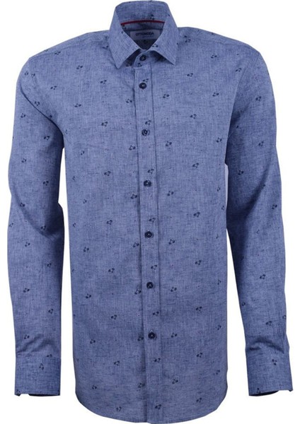 Keten Lacivert Desenli Uzun Kollu Klasik Yaka Gömlek, OT-C-20020 fırsatları