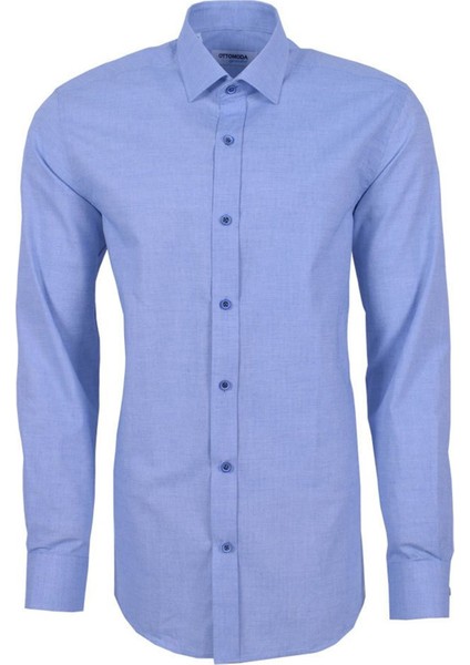 Erkek Mavi Düz Uzun Kollu %100 Pamuklu Regular Gömlek,OT-C-20145 fırsatları