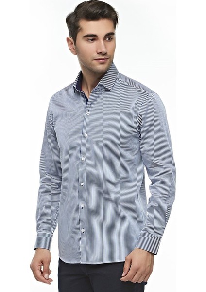 Erkek Pamuklu Çizgili Uzun Kollu Gömlek, OT-C-20134