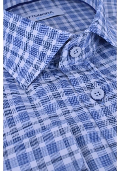 Kareli Uzun Kollu Beyaz-Mavi Pamuklu Regular Gömlek,OT-C-20111