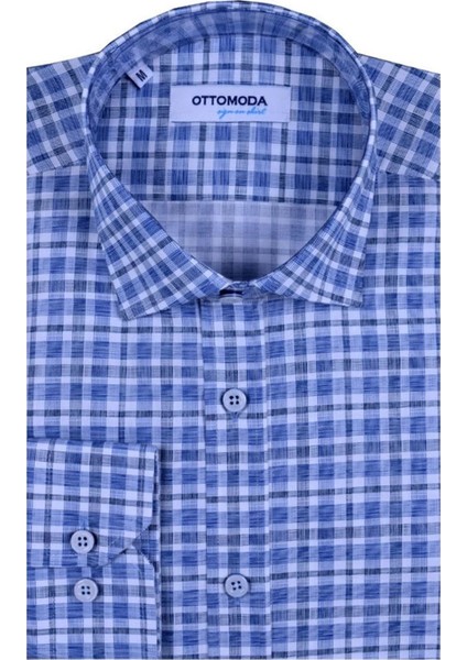 Kareli Uzun Kollu Beyaz-Mavi Pamuklu Regular Gömlek,OT-C-20111 fiyatları