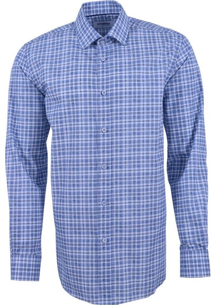 Kareli Uzun Kollu Beyaz-Mavi Pamuklu Regular Gömlek,OT-C-20111 fırsatları