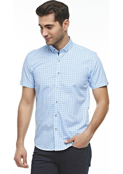 Erkek Mavi Desenli Kısa Kol Düğmeli Yaka Pamuklu GömlekOT-C-20181 fiyatları