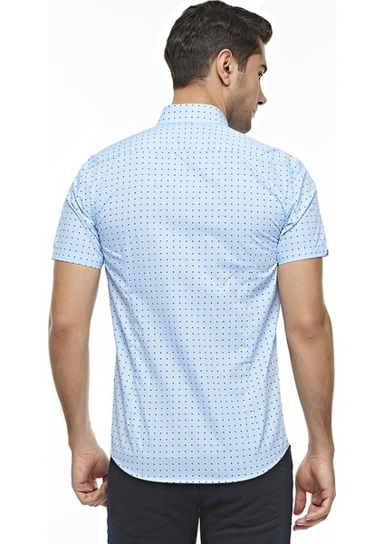 Erkek Mavi Desenli Kısa Kol Düğmeli Yaka Pamuklu GömlekOT-C-20181 modelleri