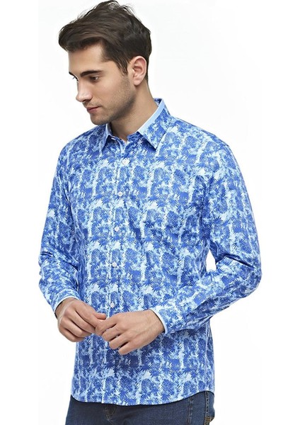 Erkek Beyaz Desenli Uzun Kollu Pamuklu Regular Gömlek, OT-C-20087