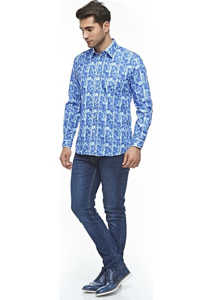 Erkek Beyaz Desenli Uzun Kollu Pamuklu Regular Gömlek, OT-C-20087 fırsatları