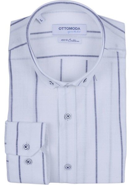 Beyaz Keten Çizgili Uzun Kollu Pamuklu Regular Gömlek,OT-C-20018
