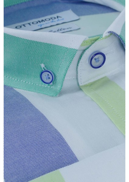 Oxford Mavi-Yeşil Çizgili Regular Fit Uzun Kollu Gömlek,OT-C-20014