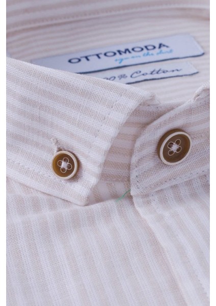 Bej Erkek Keten Düğmeli Yaka Uzun Kollu Regular Gömlek,OT-C-20015