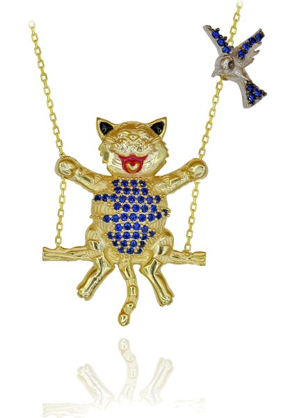 Lacivert Taşlı Salıncakta Sallanan Kedi Gümüş Kolye