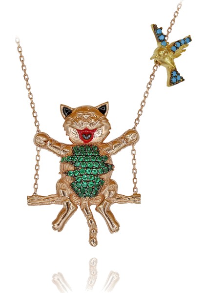 Yeşil Taşlı Salıncakta Sallanan Kedi Gümüş Kolye