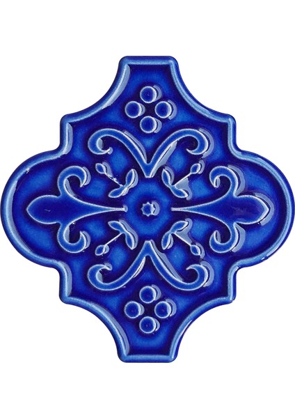 12 x 12 cm Kobalt Arabesk Desenli Kabartmalı Çini Karo (5'li 1 Paket)