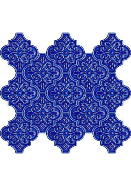 12 x 12 cm Kobalt Arabesk Desenli Kabartmalı Çini Karo (5'li 1 Paket)