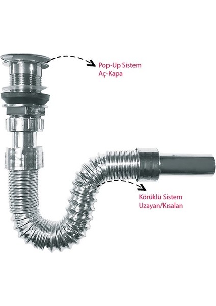Emin Aksesuar Basmalı Pop-Up Körüklü Lavabo Gider Sifon Plastik Krom