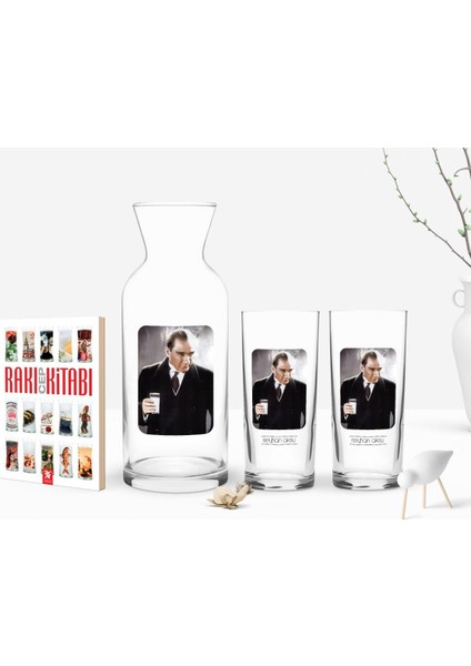 Kişiye Özel Renkli Baskılı Atatürk Temalı Ikili Rakı Bardağı Karaf ve Cep Kitabı Hediye Seti-33