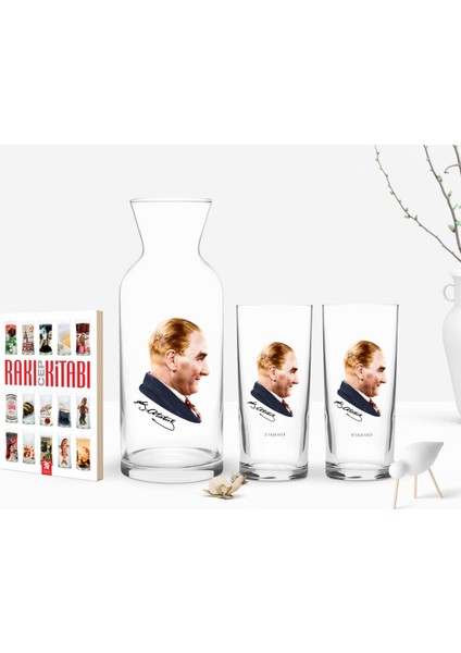 Kişiye Özel Renkli Baskılı Atatürk Temalı Ikili Rakı Bardağı Karaf ve Cep Kitabı Hediye Seti-11
