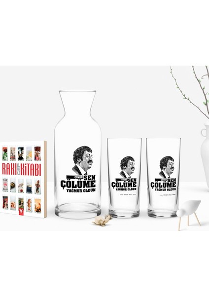 Kişiye Özel Renkli Baskılı Çünkü Sen Çölüme Yağmur Oldun Tasarımlı Ikili Rakı Bardağı Karaf ve Cep Kitabı Hediye Seti-8