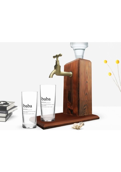 Gift Renkli Baskılı Baba Tasarımlı Ikili Rakı Bardağı ve Ahşap Rakı Standı Hediye Seti-1
