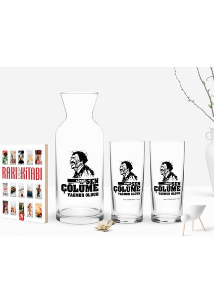 Kişiye Özel Renkli Baskılı Çünkü Sen Çölüme Yağmur Oldun Tasarımlı Ikili Rakı Bardağı Karaf ve Cep Kitabı Hediye Seti-9