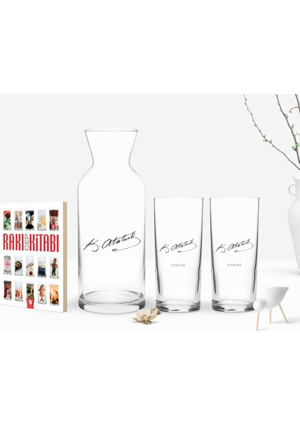 Kişiye Özel Renkli Baskılı Atatürk Temalı Ikili Rakı Bardağı Karaf ve Cep Kitabı Hediye Seti-29