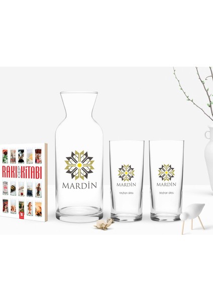 Kişiye Özel Renkli Baskılı Mardin Tasarımlı Turistik Ikili Rakı Bardağı Karaf ve Cep Kitabı Hediye Seti-1