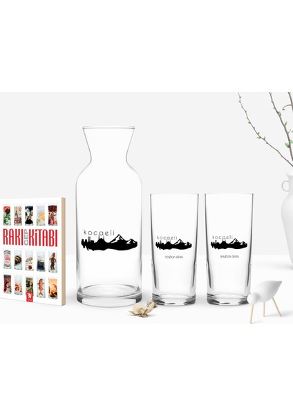 Kişiye Özel Renkli Baskılı Kocaeli Tasarımlı Turistik Ikili Rakı Bardağı Karaf ve Cep Kitabı Hediye Seti-2