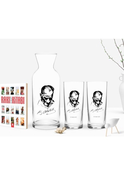 Kişiye Özel Renkli Baskılı Atatürk Temalı Ikili Rakı Bardağı Karaf ve Cep Kitabı Hediye Seti-28
