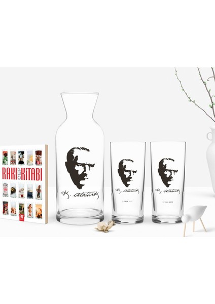 Kişiye Özel Renkli Baskılı Atatürk Temalı Ikili Rakı Bardağı Karaf ve Cep Kitabı Hediye Seti-23