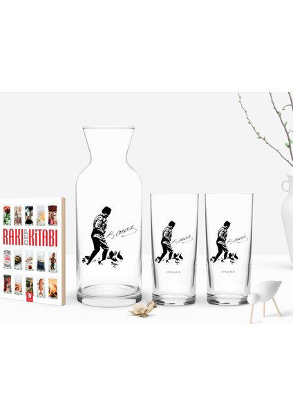 Kişiye Özel Renkli Baskılı Atatürk Temalı Ikili Rakı Bardağı Karaf ve Cep Kitabı Hediye Seti-16