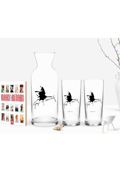 Kişiye Özel Renkli Baskılı Atatürk Temalı Ikili Rakı Bardağı Karaf ve Cep Kitabı Hediye Seti-27