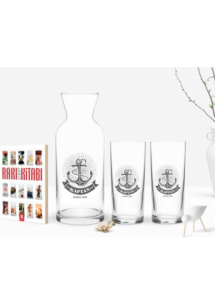 Kişiye Özel Renkli Baskılı Kaptan Tasarımlı Ikili Rakı Bardağı Karaf ve Cep Kitabı Hediye Seti-7