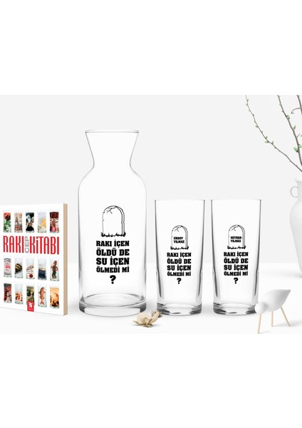 Kişiye Özel Renkli Baskılı Rakı Içen Öldü De Su Içen Ölmedi Mi Tasarımlı Ikili Rakı Bardağı Karaf ve Cep Kitabı Hediye Seti-1