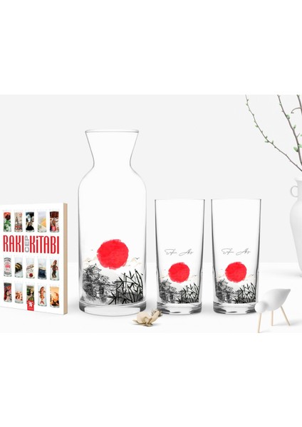 Kişiye Özel Renkli Baskılı Japan Tasarımlı Ikili Rakı Bardağı Karaf ve Cep Kitabı Hediye Seti-1